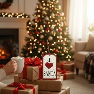 Creative Co-Op I Heart Santa Ornament Red Excellent Glitter Tag MDF